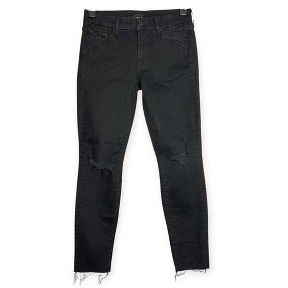 MOTHER Looker Ankle Fray Skinny Jeans SIZE 28 Guilty as Sin Black Distress Denim - Picture 1 of 15